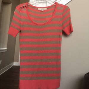 LOFT Coral and Taupe Striped Short Sleeve Sweater Top